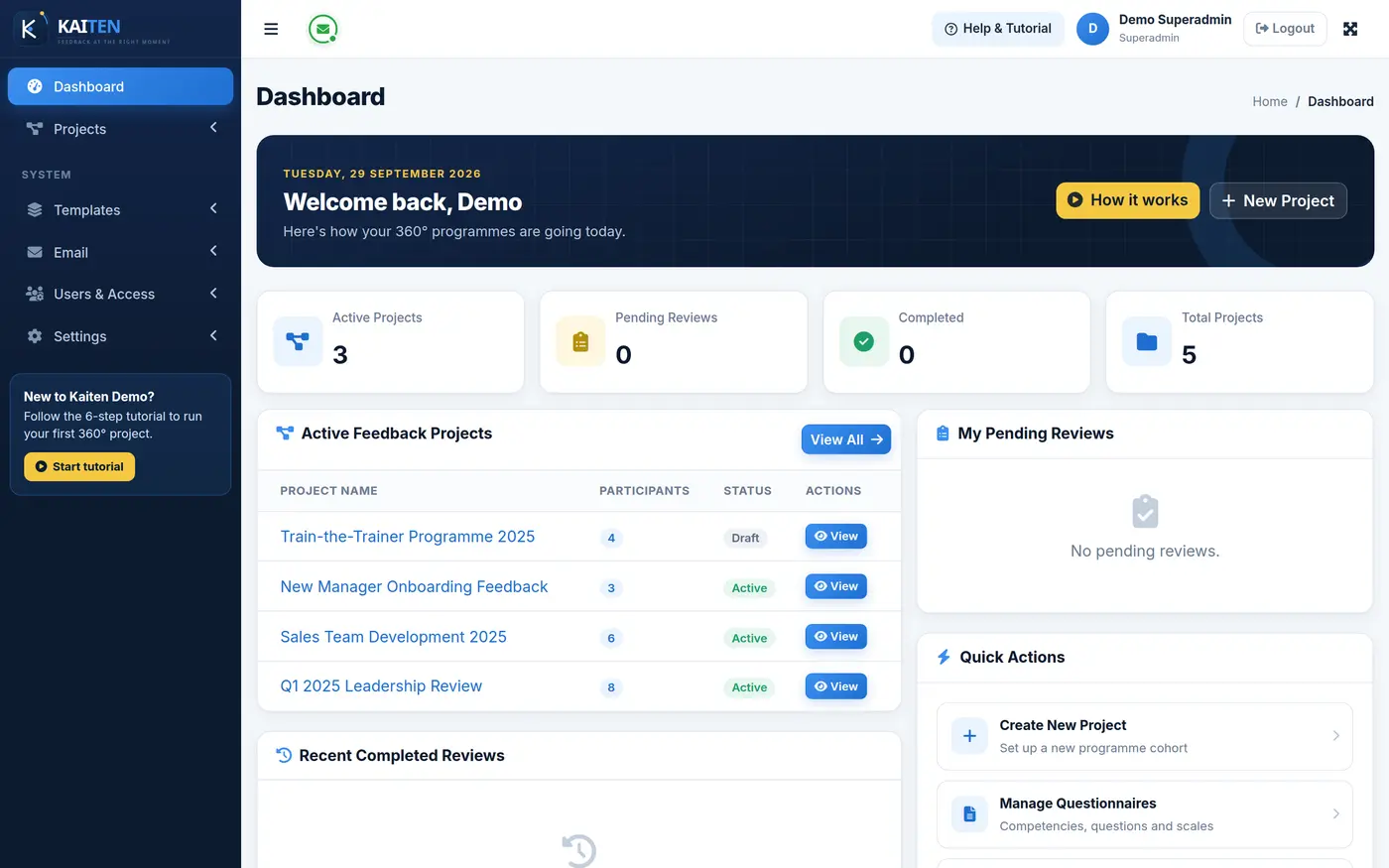 Kaiten dashboard showing active projects and pending reviews