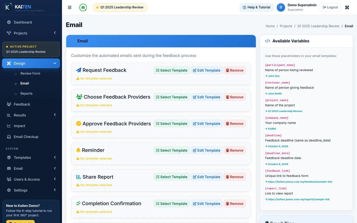 Kaiten email templates for invitations, approvals and reminders