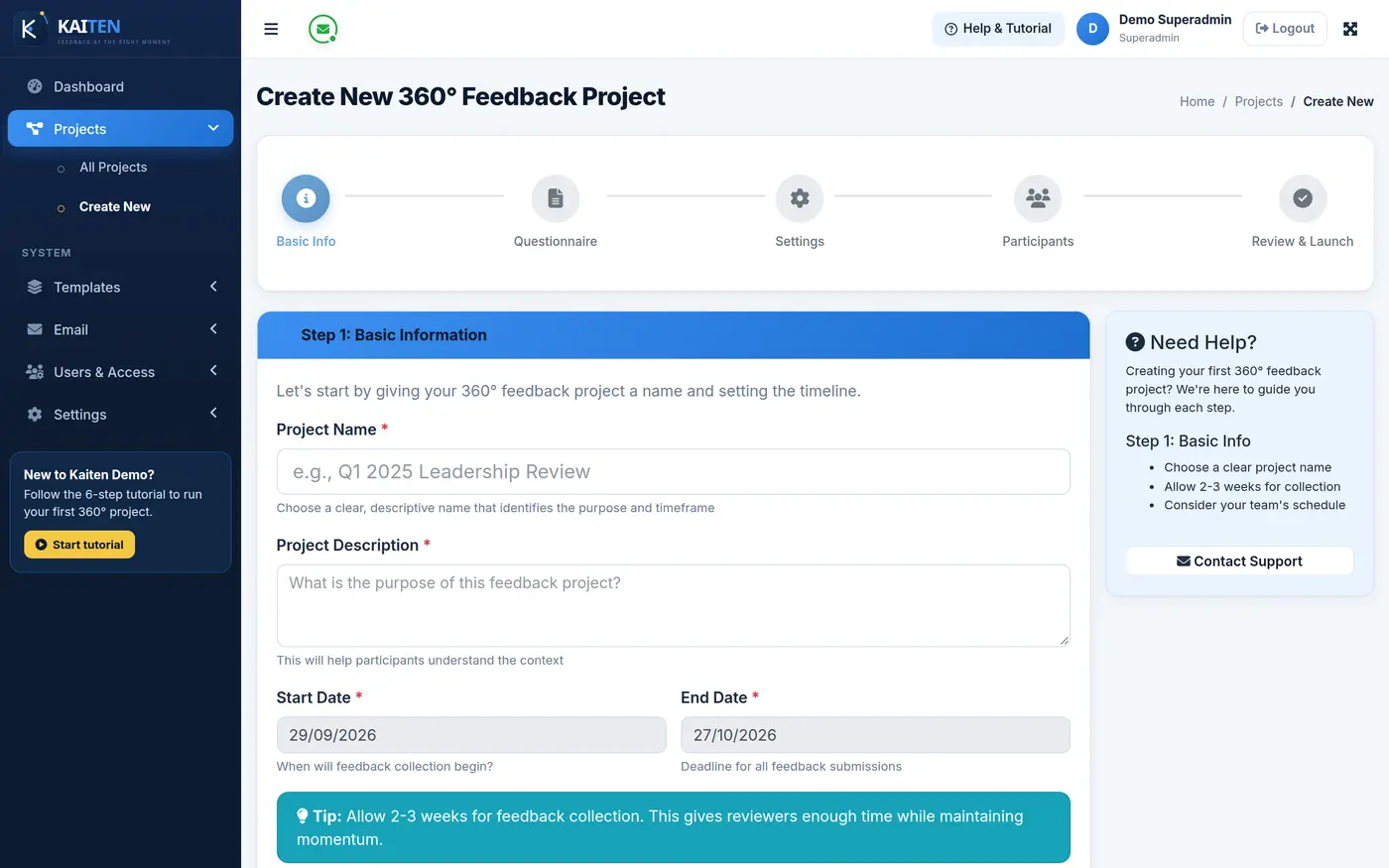 Creating a 360° feedback project in Kaiten