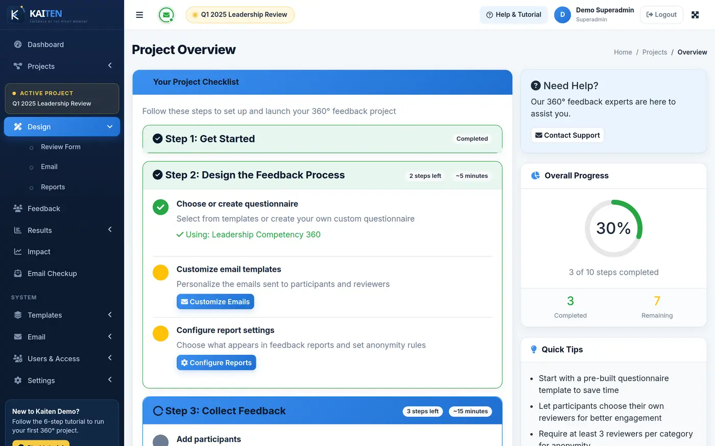 Kaiten project checklist for questionnaire, emails and report settings